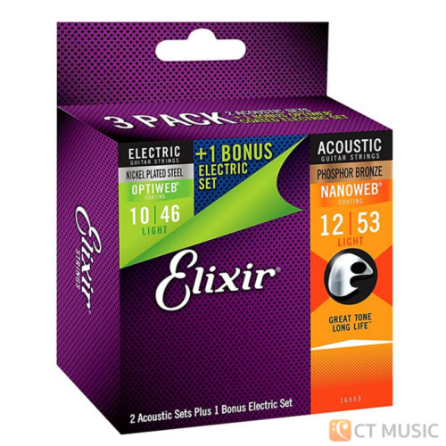 Elixir Acoustics Phosphor Bronze Nanoweb 12-53 3 Pack 2 Acoustic Set + 1 Bonus Optiweb 10-46